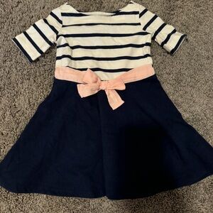 12-18 month white and Navy striped dress with light pink bow